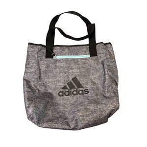 Adidas Logo Tote Bag Zipper Pockets Gray & Black Reversible Light Blue Accents